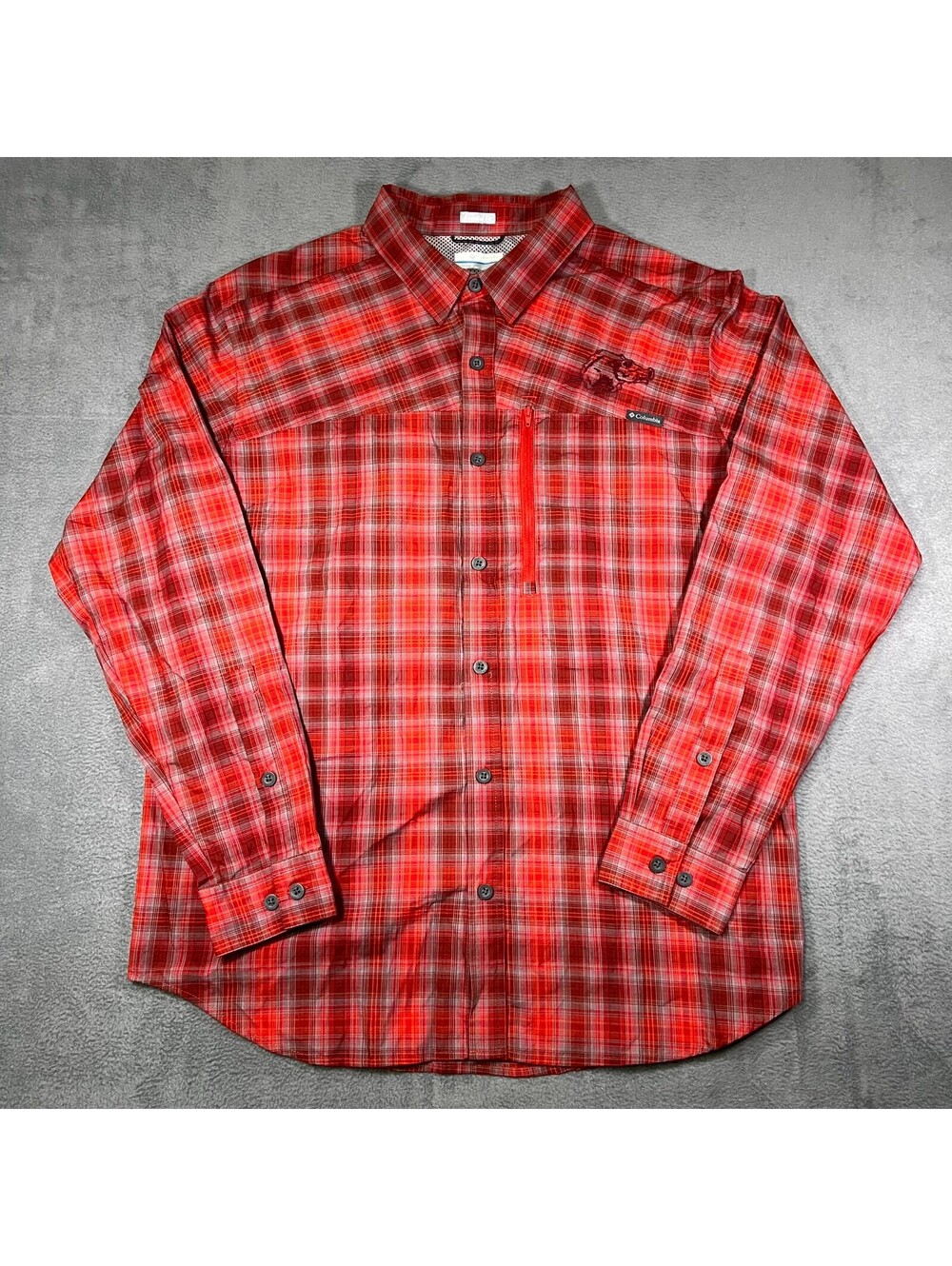 Columbia Shirt Red Mens Large Button Front Regular Fit Plaid Arkansas Razorbacks